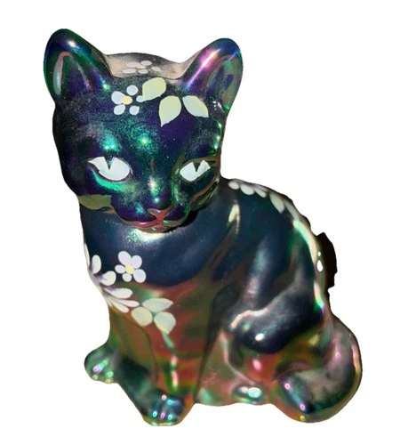 Signed Vintage FENTON  Hand Painted Floral Glass  Cat Figurine 3.5”Ht