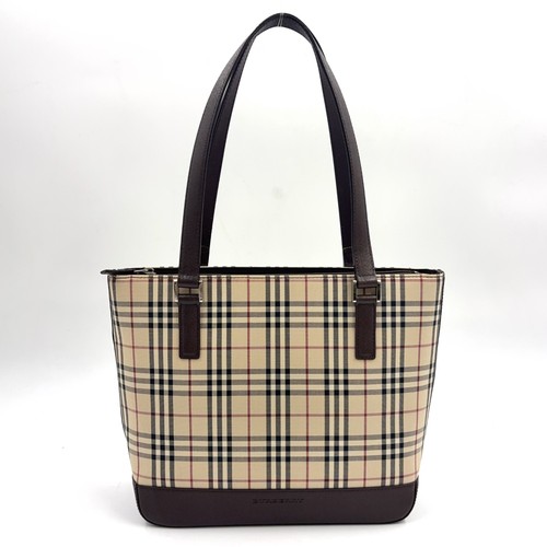 BURBERRY Nova check Canvas tote bag Dark brown beige Leather Canvas