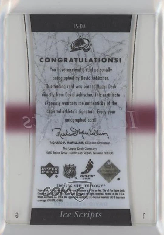 2005-06 Upper Deck Trilogy Ice Scripts David Aebischer #IS-DA Auto - Image 2 of 2