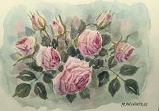 Original Artwork Painting Flowers VINTAGE PINK ROSE Floral Art Landscape Gift A5