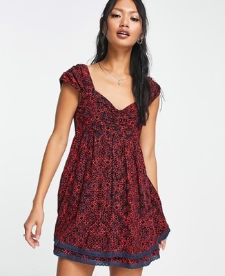 free people tabitha mini dress Free People Tabitha Mini Babydoll Boho Dress Cap Sleeve Floral Red Size M