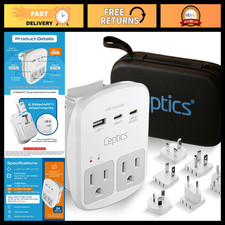 Universal Travel Adapter Kit 35W - 2 USA Sockets, USB-A, USB-C, Surge Protected,