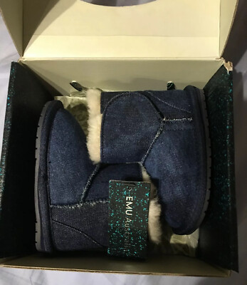 New EMU Australia Youth Kids Baby Cute Indigo Denim Walker Fur Booties, 6-12 mos