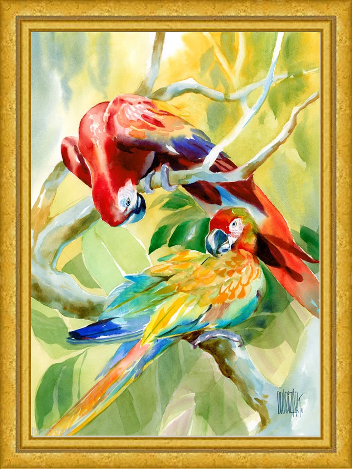 Papagaios ROMANCE TROPICAL pintura a óleo giclée 20x28 tela emoldurada **VENDA - Imagem 4 de 4