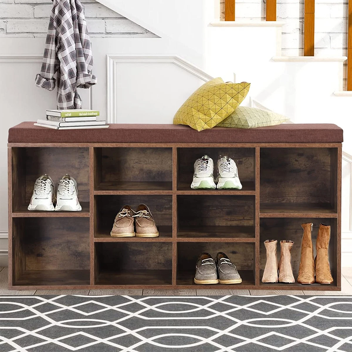 Entryway Shoe Bench 10 Cubbies Shoe Rack Storage Cabinet with Removable Cushion