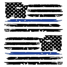 Set of 2 Black Thin Blue Line Distressed Tattered American Flag Decal Stickers