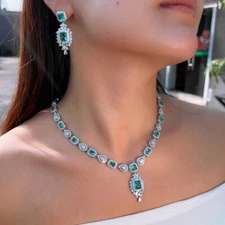 Silver Plated Green Zircon Long Drop Earrings Necklace Women Wedding Jewelry Set
