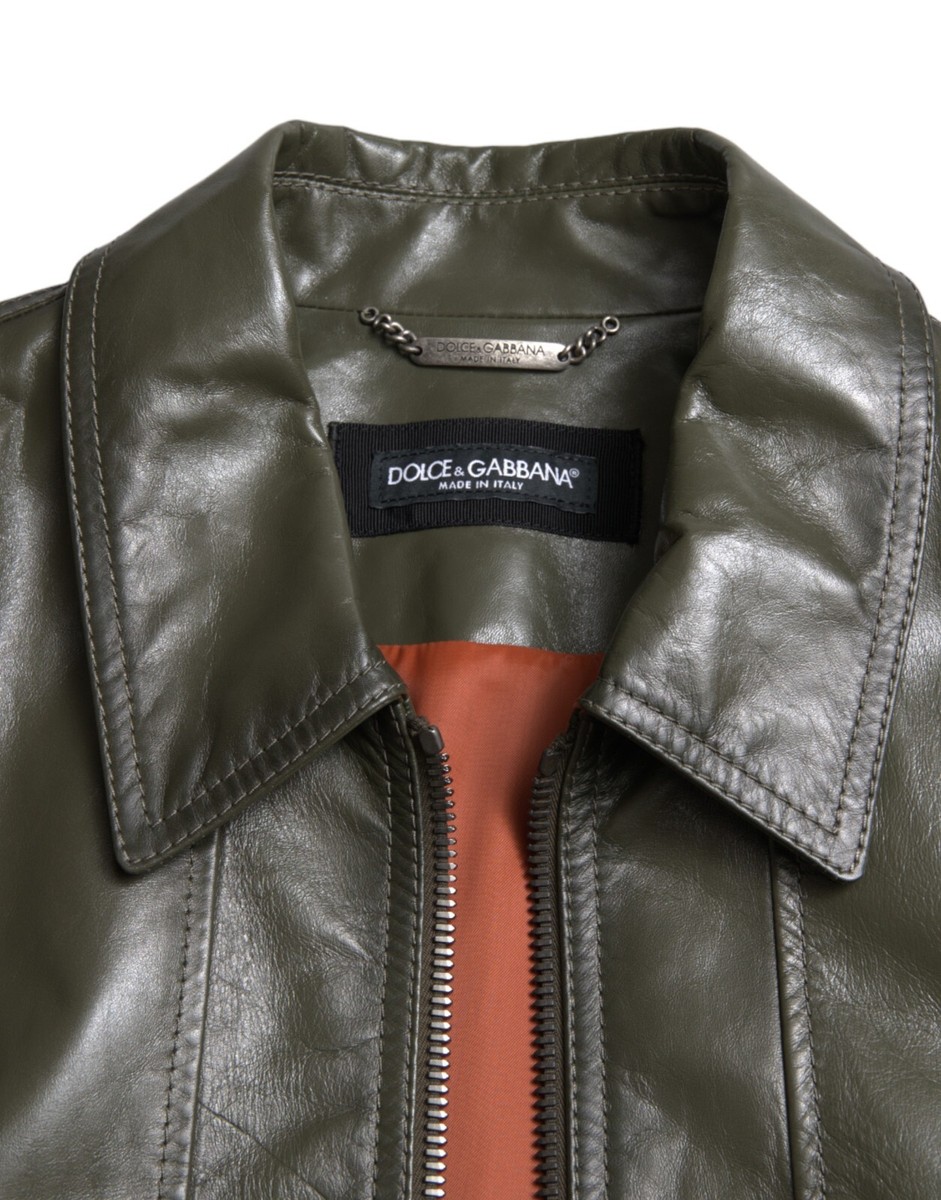 DOLCE & GABBANA Jacket Green Leather Collared Biker Full Zip