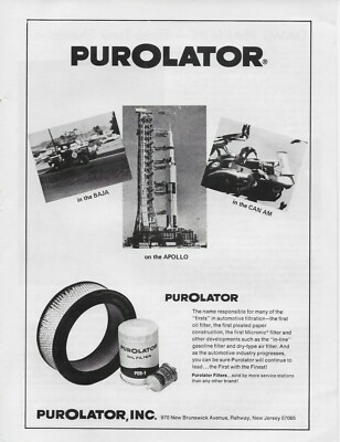 1970 Purolator Filters Baja Truck Apollo Rocket Can-Am Racecar Original Print Ad