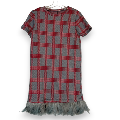 Zara Dress Small Plaid Shift Mini Feathers Gray Red | eBay