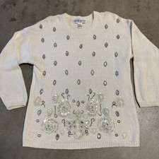 Vintage 80s Victoria Harbour Women sweater White Pearls Beaded Rhinestone Sequin