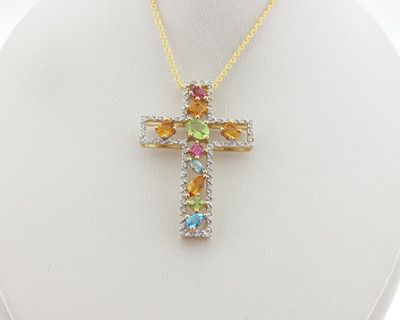 Natural Multi Color Gemstones Diamonds 14k Yellow Gold Cross  display picture 1