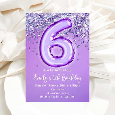 YOU PRINT, 6th Birthday Invitation, Purple Glitter Invite