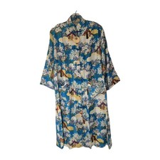 NWT Vtg 70s Blue Floral Japanese Kimono Jacket Dress Robe Sz S Lantern Brand NOS