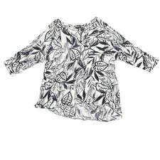 Tahari Tunic Blouse Womens 3X Black/White Tropical Leaf Print 3/4 Length Sleeve