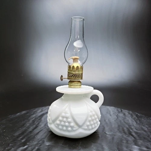 Imperial Milk Glass Kerosene Oil Lamp Tulip Cane P&A Burner Finger Hold Vtg ⭐