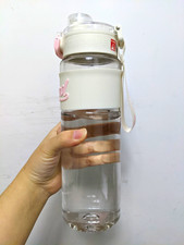 FUGUANG 400ml Clear Plastic Water Bottle Flip Lock Lid Carry Strap White Pink