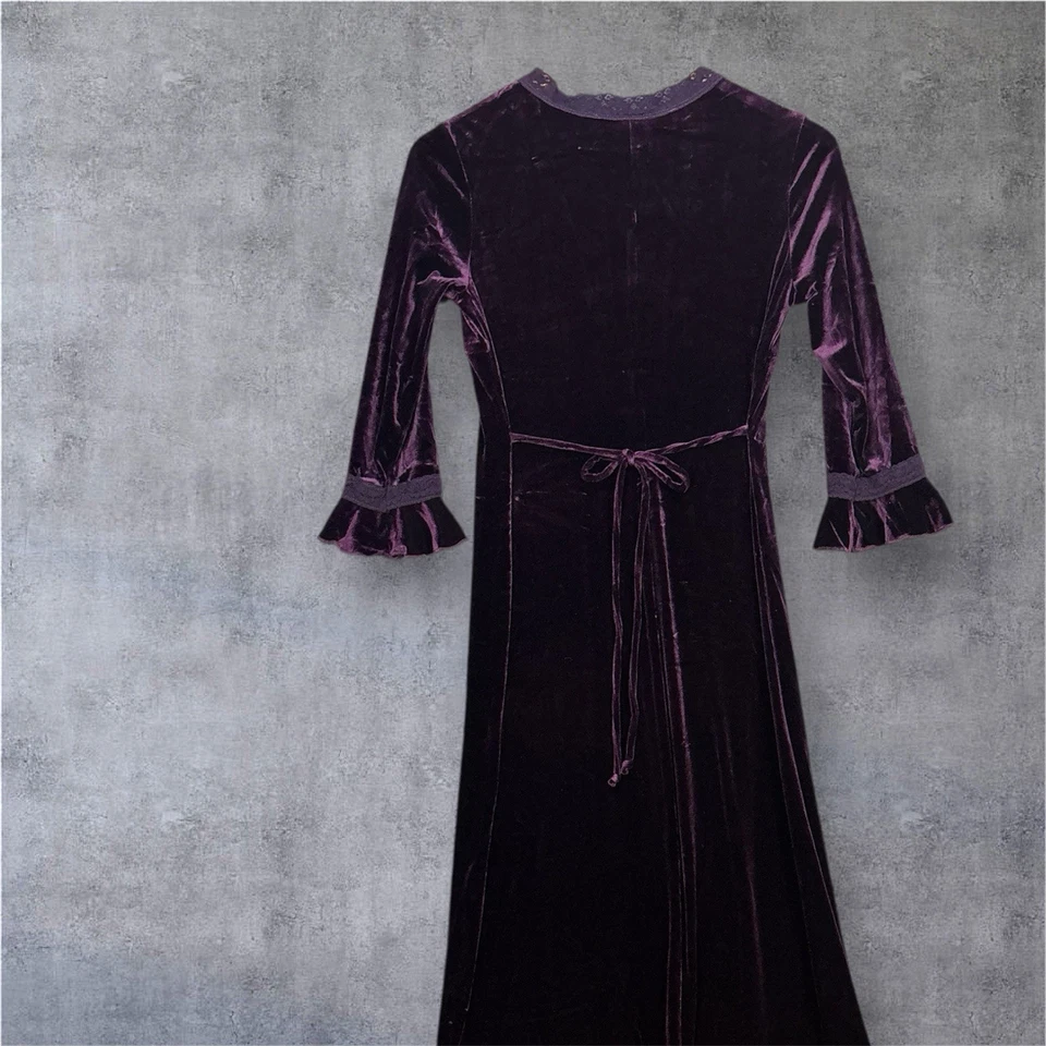 Y2K Velvet Maxi Dress Juniors 16 Deep Plum Purple Goth Witchy Lace Ruffle Ruched - Image 4 of 4