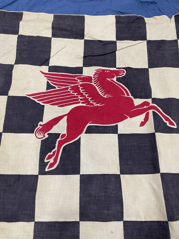 Pair Vintage Mobil Oil Pegasus Checkered Flags On 48” Poles Racing Gasoline Rare - Image 2 of 4