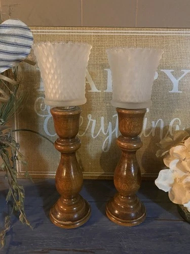 Vintage Frosted Milk Glass & Wood Candlesticks Pair 6.5”