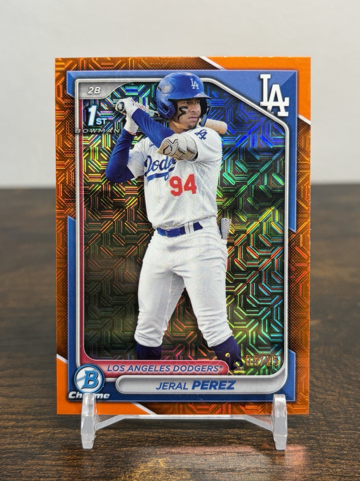 2024 Bowman Chrome Jeral Perez 1st Prospect True Orange Mojo #/25 Dodgers