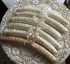Vintage Clothing Hangers Satin Silk Padded White Tan Bows Beautiful Lot Of 6
