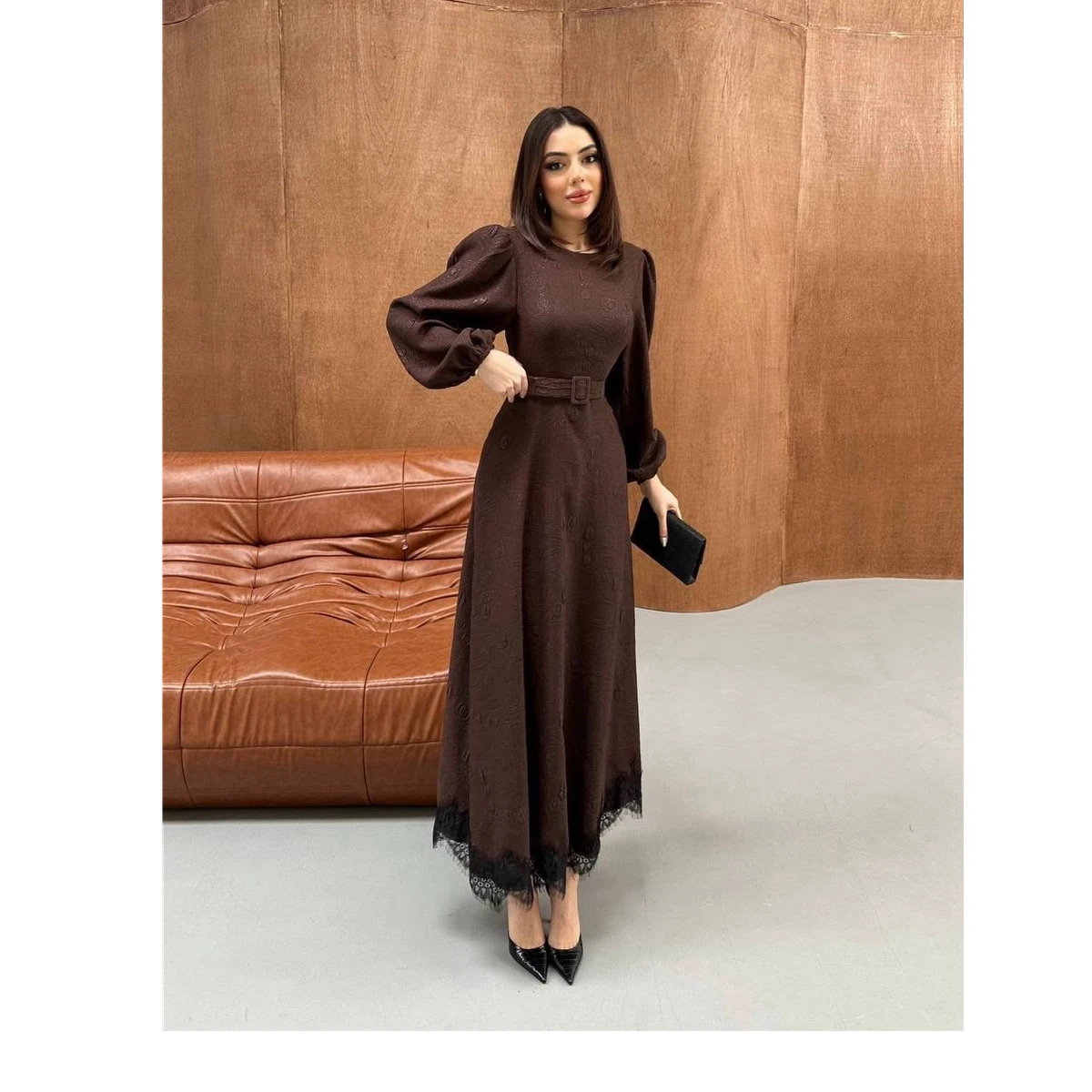 princess polly baby blue dress ASOS Long Sleeve Devore Midi Dress With Silver Hardware Back Detail in Brown main image 1