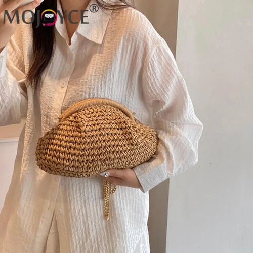 Stylish Women's Straw Woven Chain Strap Shoulder Bag for Outdoor Travel - Picture 3 of 14