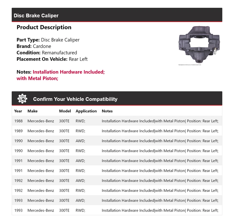Pinza de freno de disco trasera izquierda cardone 1989 1990 para Mercedes-Benz 300TE 1988-1993 Foto 2 de 4