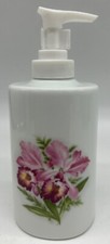 Soap Dispenser - White Porcelain decorated w/ Pink Iris - Imported