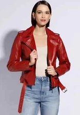 Motorcycle Style RED Women's Jacket Biker Stylish Real Soft Lambskin Leather