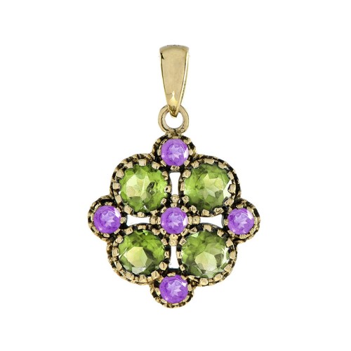 9K Gold Natural Green Amethyst and Pink Amethyst Vintage Style Floral Pendant - Picture 2 of 6