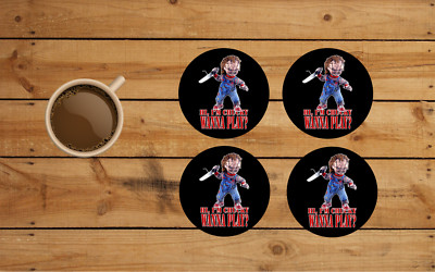 HI, I'M CHUCKY WANNA PLAY DESIGN ROUND COASTER SET OF 4 CUSTOM MADE 3.5'' 