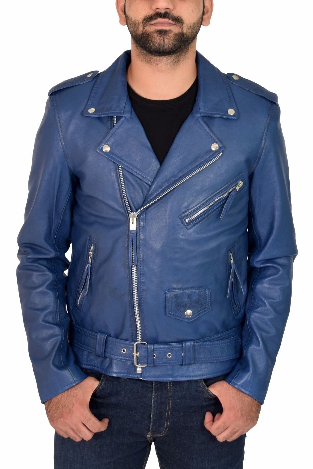 100% Lambskin Blue Leather Jacket For Men Casuall Stylish Biker Jacket MMJ1f