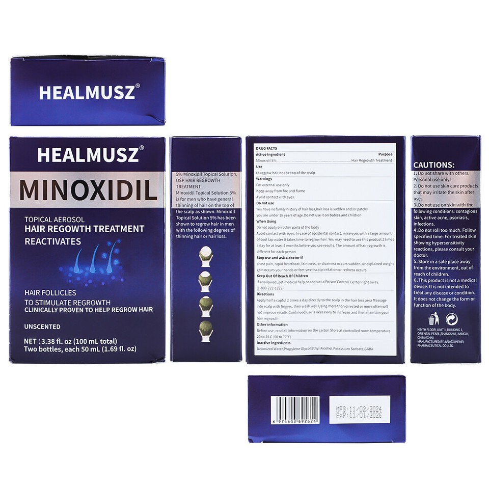 HEALMUSZ Minoxidil 5% Extra Strength For Men – 8 Month Supply (8 Bottles) Hair Regrowth Serum, Almond Scent