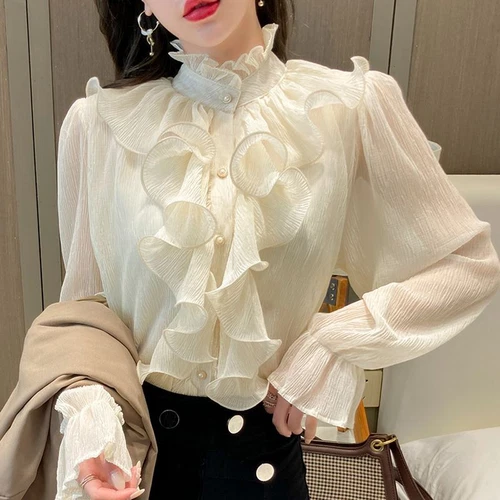 Blusa De Encaje Elegante Con Volantes Para Mujer Camisa De Gasa Con Cuello Alto- - Imagen 5 de 19