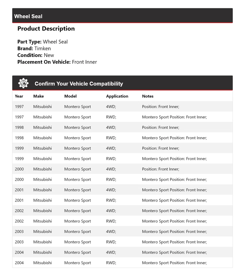 Sello de rueda interior delantero Timken 1998 1999 para Mitsubishi Montero Sport 1997-2004 Foto 2 de 4