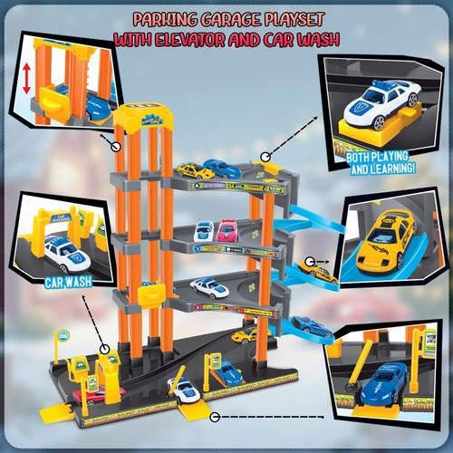 4-Storey Parking Garage Toy Elevator Service Stations 4 Vehicles Ramp Lift Toy - Picture 4 of 11