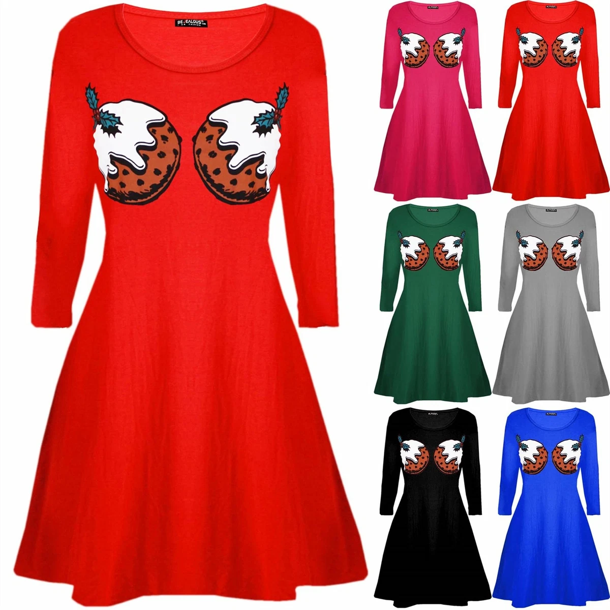 Womens Christmas Pudding Cup Cakes Boobs Funny Novelty Ladies Swing Mini  Dress | eBay