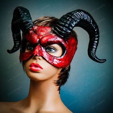 Demon Devil w/ Back Twisted Horns Halloween Masquerade Costume Mask - Bloody Red
