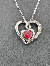 925 STERLING SILVER HEART SHAPE RUBY REAL DIAMOND HEART NECKLACE 18" JULY 403