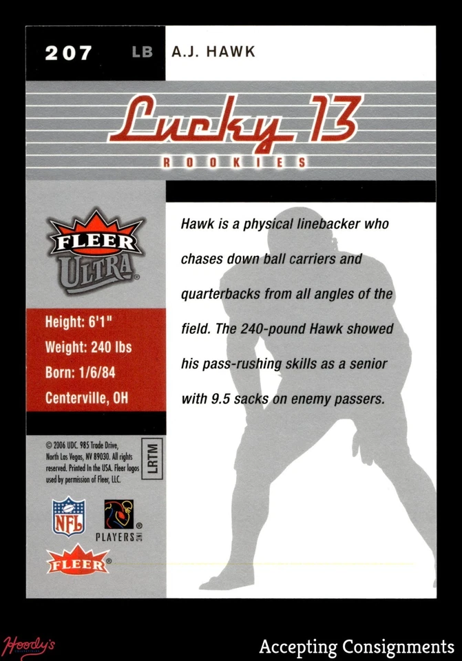 2006 Ultra Lucky 13 #207 A.J. Hawk 52/500 ROOKIE RC PACKERS - Image 2 of 2