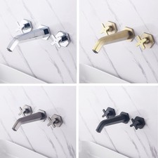 Brass 3 Hole Bathroom Basin Mixer Tap Dual Cross Handles Sink Faucet Wall Mount