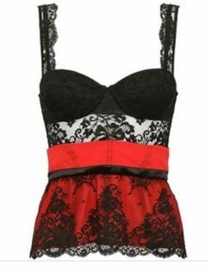 La Perla El Color Rojo 34B Bustier Top Black Lace Red Silk $854