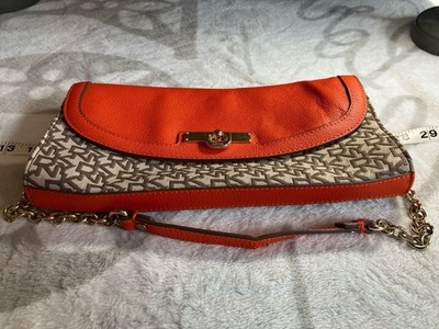 DKNY Beekman Signature Chino Canvas and Orange Leather Flap Shoulder Bag