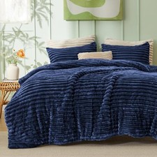 Fluffy Comforter Set Size - Super Soft Faux Fur Bed Set Navy, King 12 - Navy
