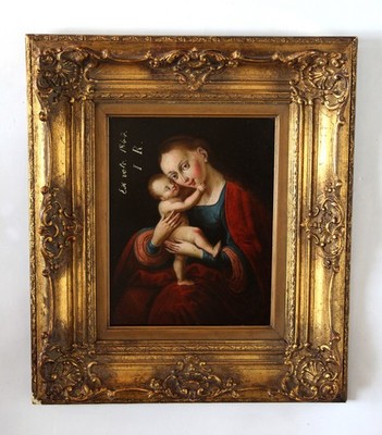 Religiöses Ölgemälde auf Kupfer Madonna mit Jesuskind Votivbild aus dem J. 1844