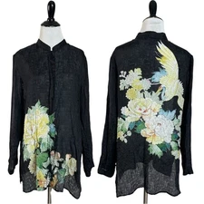 Citron Santa Monica Silk Floral Swan Button Down Top Size Large Bohemian Beaded