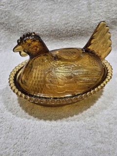 Vintage Amber/Gold Tiara Indiana Glass Hen Chicken On Nest Candy Dish W/Lid 7"
