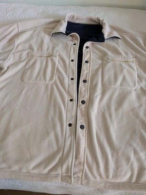 Men's Fleece Collared Snap Front Sweatshirt L Solid Beige Navy Gray